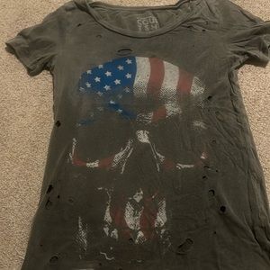 Gray, distressed, red, white and blue skull T-shirt with purposed holes